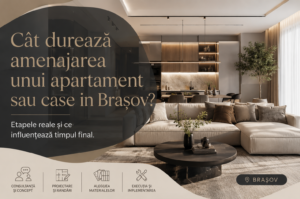 Living modern cu bucătărie open space, amenajare casa în Brașov